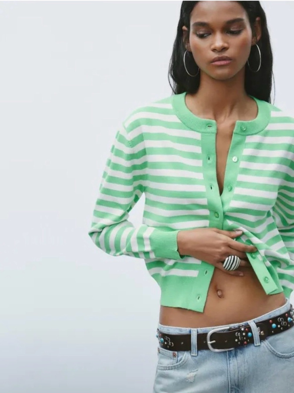 NWT Zara Size Medium Green Stripe Cardigan
